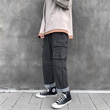 910A-N985-P60控78秋装新款潮流时尚牛仔裤男收腰系带大口袋长裤，男装牛仔裤，星座910A