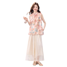 夏季新款现货！2026新中式奥黛款植物花卉上衣+阔腿裤洋气两件套，女装套装/套裙，宝儿家
