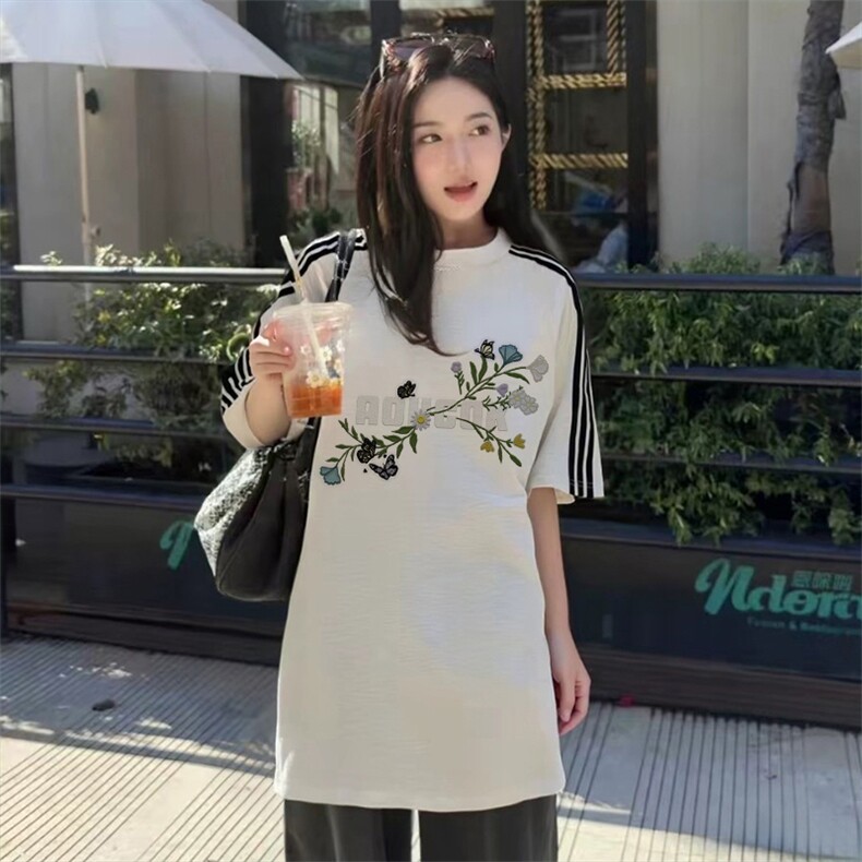抖音得物品质二开240克宽松纯棉美式潮牌印花三条杠中性风短袖T恤,男装T恤,电商A486