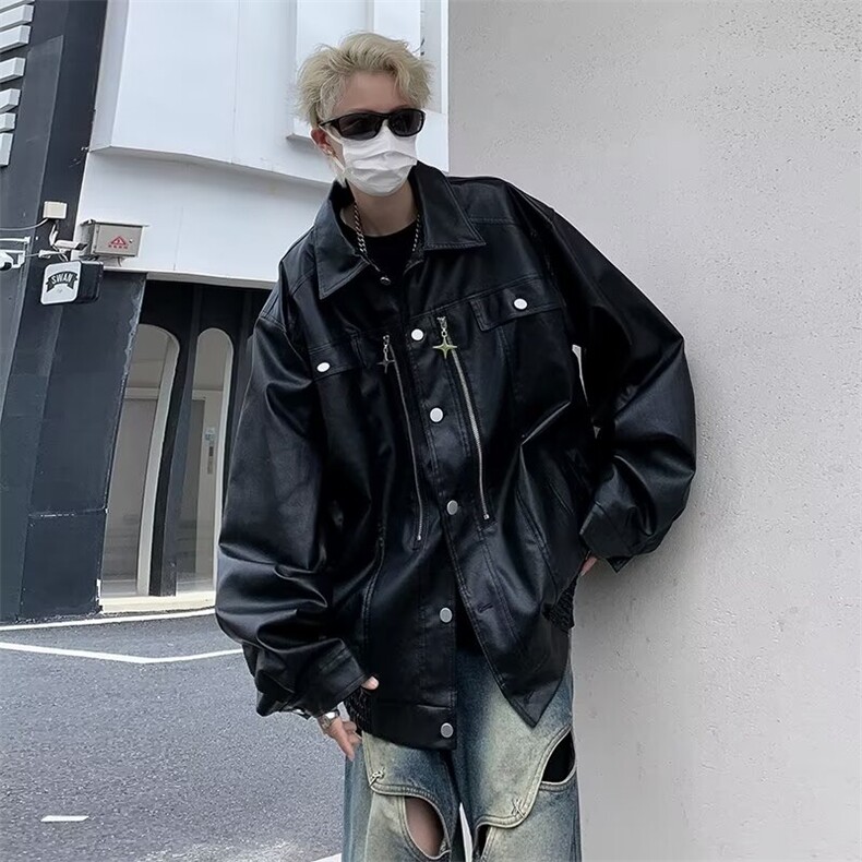 2024高级感炸街夹克男士美式高街宽松休闲机车皮衣外套W8038-P75，男装皮衣，星座512-4