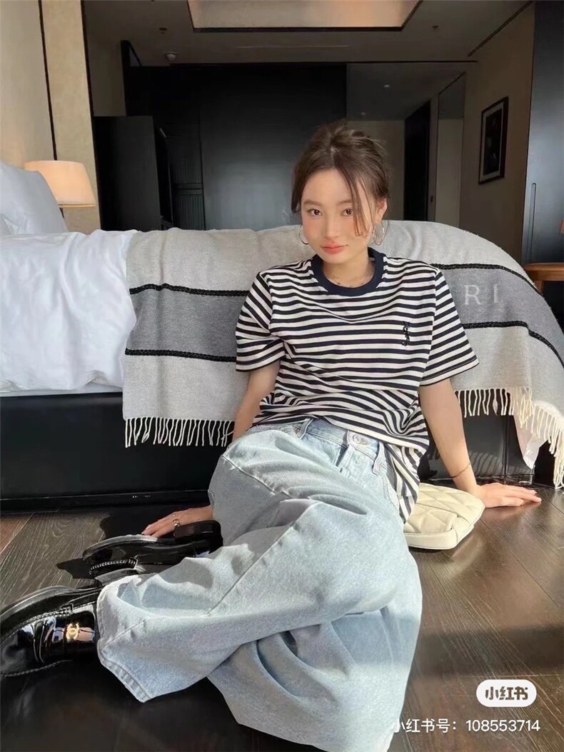 条纹短袖T恤女2025夏季新款圆领百搭显瘦上衣,女装T恤,沐策羊绒