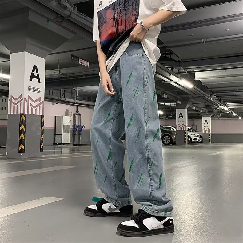 高街复古水洗扎染宽松直筒牛仔裤刺绣N741P45,男装牛仔裤,星座1116-2