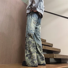 水洗潮牛仔布长裤青年春秋美式复古破洞迷彩拼接牛仔裤多口袋B31，男装休闲裤，星座506