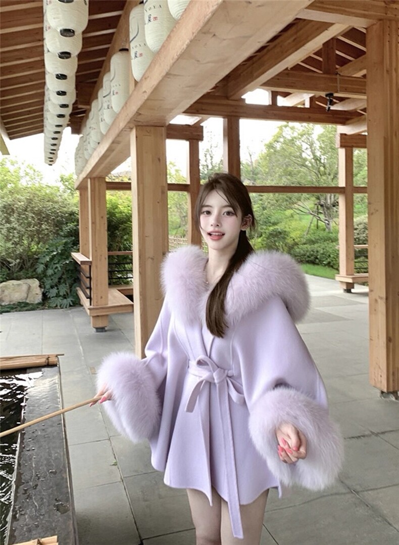 【依嘟】气质大衣真狐狸毛领+羊毛大衣斗篷冬季保暖羊毛外套，女装双面呢大衣，依嘟服饰