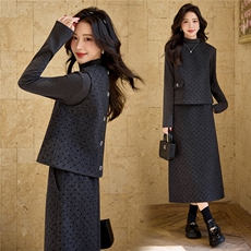 【bao款早春格雷灰系列】2026春装新款韩版波点纽扣长裙三件套，女装套装/套裙，雅静靓衣