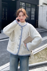 韩系小香风短款外套女2025冬季新款撞色滚边毛呢小个子今年流行，女装短外套，2C010