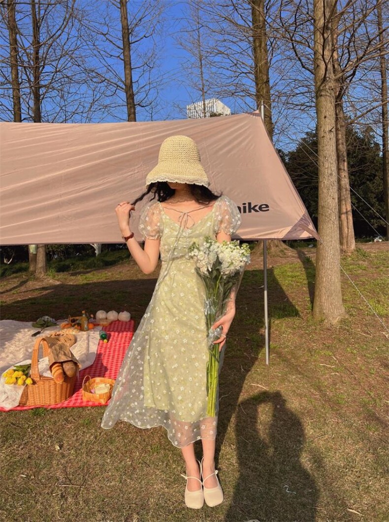 蕾丝印花甜美连衣裙，女装连衣裙，Mu Mu