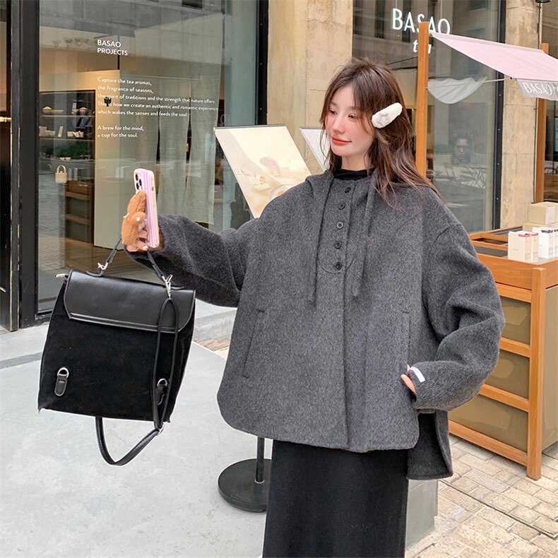 现货2025新款连帽单排扣休闲韩版双面羊毛大衣,女装毛呢外套,1C150