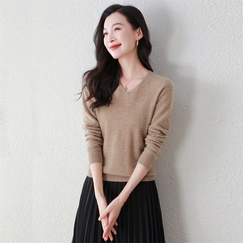 100%纯山羊绒v领羊绒衫女秋冬新款简约纯色松驰感宽松打底上衣,女装羊绒衫,阿舍尔精品