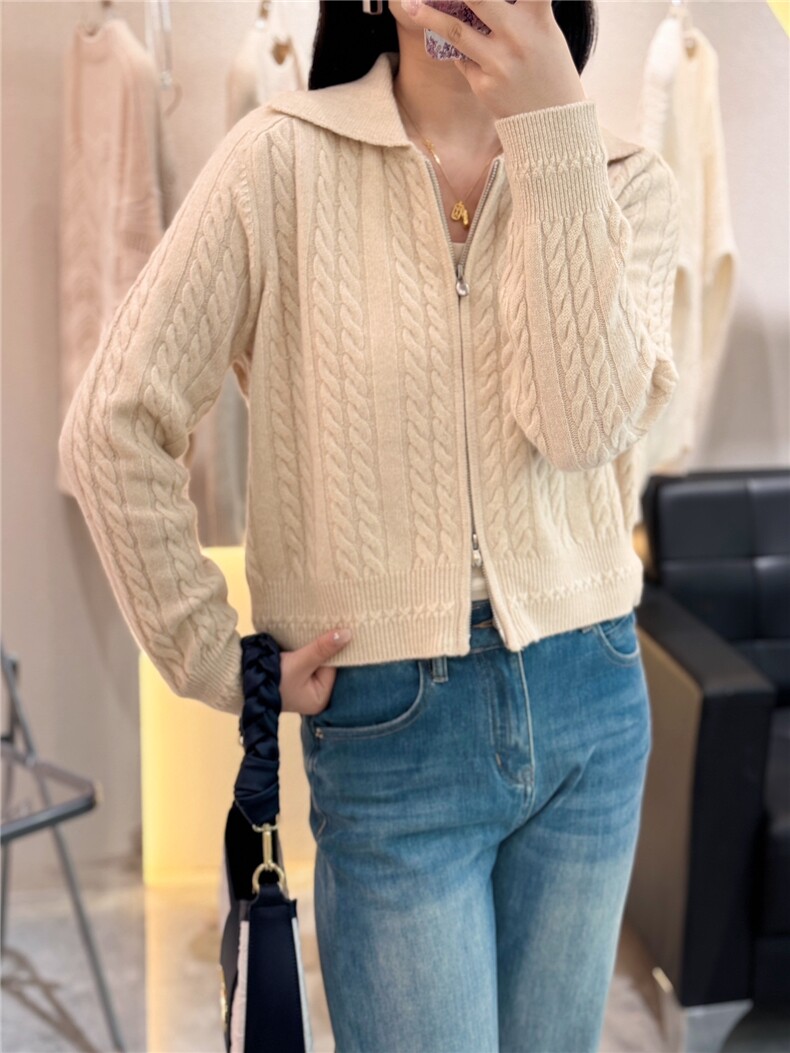 翻领麻花双头拉链山羊绒开衫女圆领宽松针织衫毛衣外套,女装羊绒衫,大千羊绒