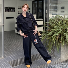 深蓝色工装风牛仔套装女2025秋季韩系减龄松弛风外套阔腿裤两件套，女装套装/套裙，2C050