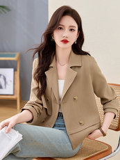 气质翻领短款风衣外套女2025春秋新款小个子休闲百搭宽松西服上衣，女装短外套，恋慕依尚