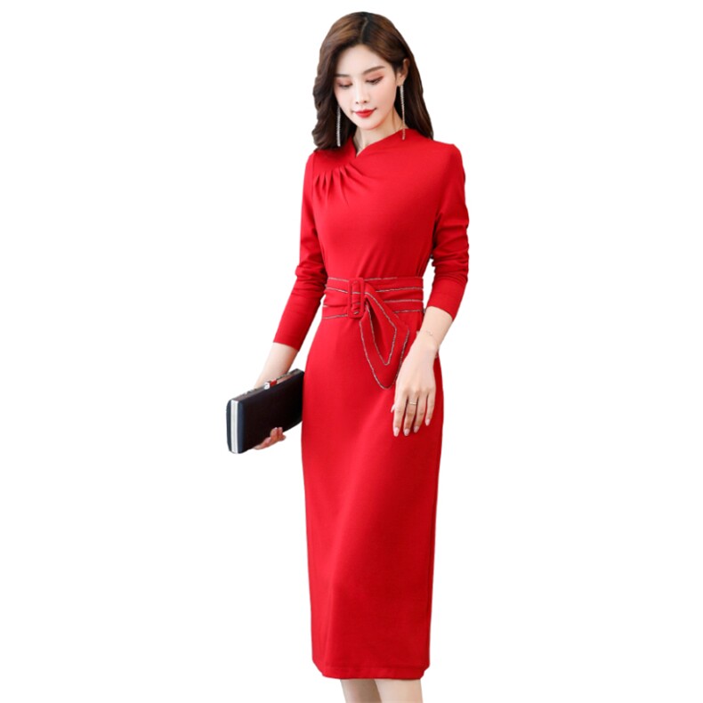 春季新款优雅修身显瘦红色长袖连衣裙搭配腰带适合职场女性，女装套装/套裙，韩蜜菓