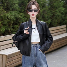 2024春秋款仿绵羊皮中古机车皮夹克立领仿真皮皮衣宽松短款外套女，女装皮衣，江南女神