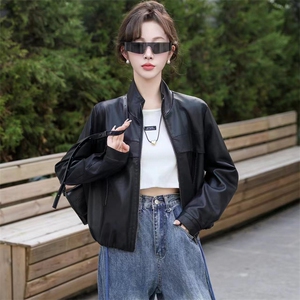 2024春秋款仿绵羊皮中古机车皮夹克立领仿真皮皮衣宽松短款外套女图片