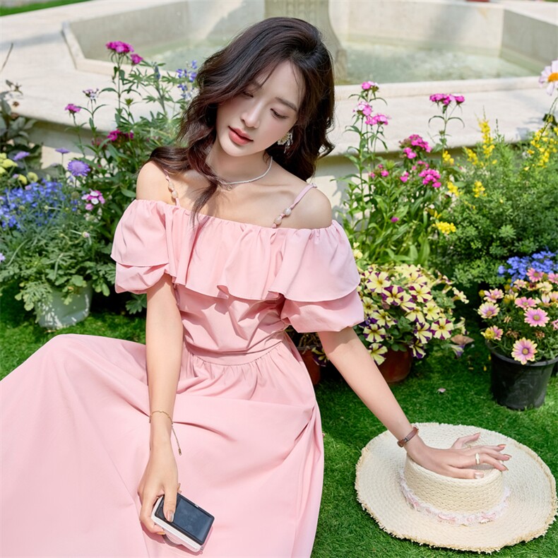 粉色泡泡袖一字肩连衣裙女长款2025夏季新款宽松甜美温柔风初恋裙，女装连衣裙，美静678