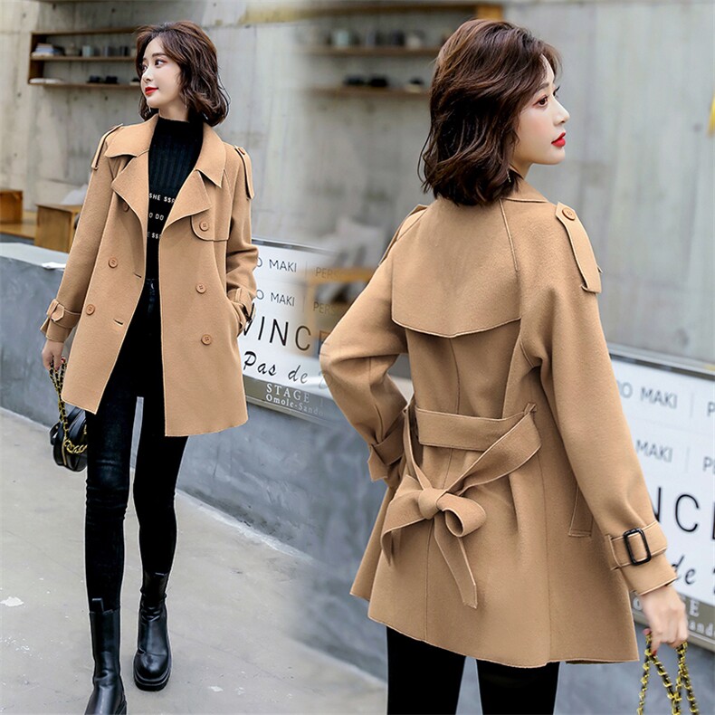 2020冬季新款简约时尚优雅气质系带翻领毛呢外套，女装毛呢外套，浙宝281