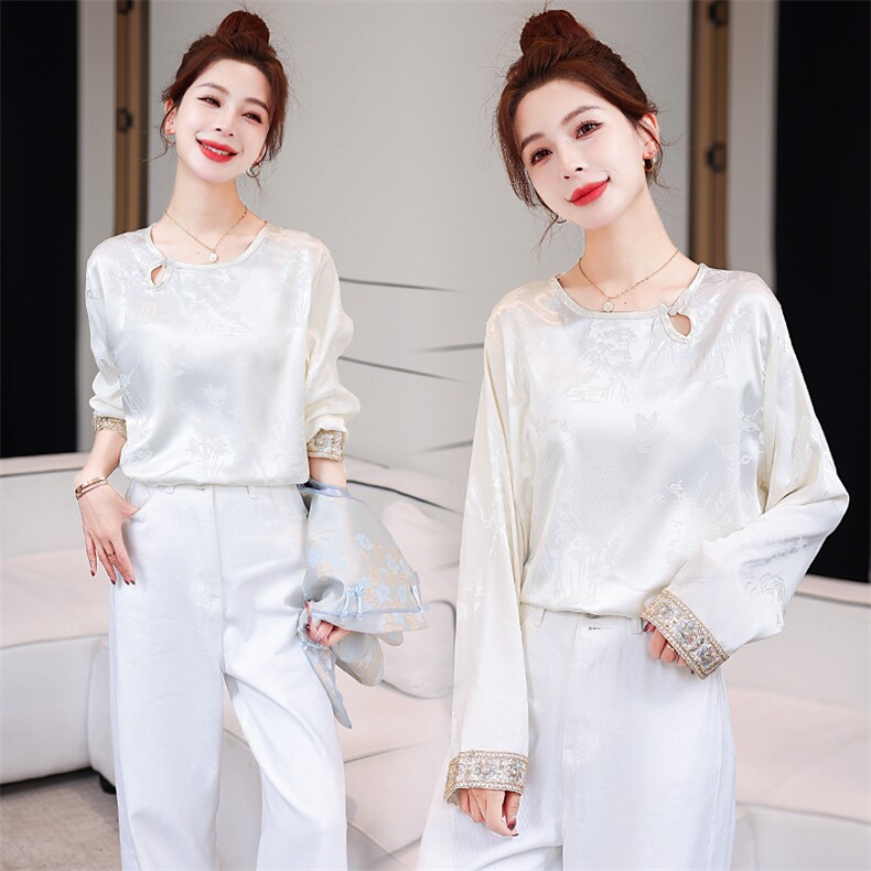 新中式缎面提花袖口刺绣衬衫女2025春季新款气质国风洋气内搭上衣，女装衬衫，韩美纤衣