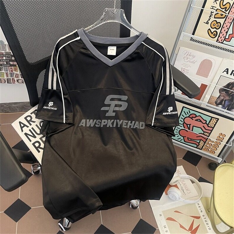 美式V领杠条球服短袖T恤男夏季宽松休闲短裤运动体恤ST547-P41,男装T恤,星座412-3