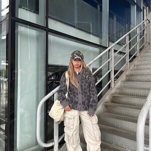 美式复古豹纹提花马海毛开衫毛衣男女秋冬宽松百搭慵懒针织衫外套图片