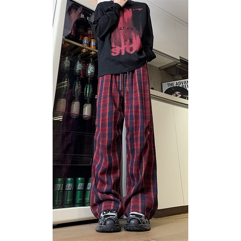 现货自家图美式红色格子毛呢宽松直筒阔腿休闲裤K661-P50控68,男装休闲裤,星座205-5