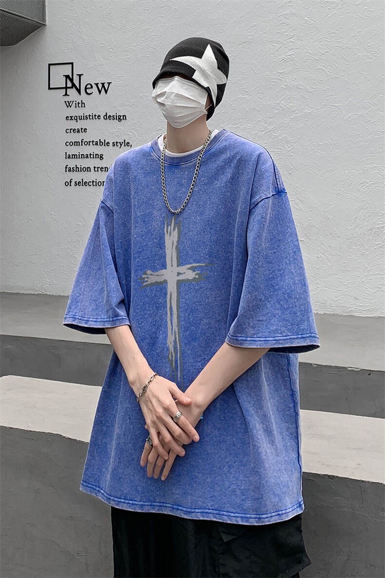 B239-1078-P38复古水洗做旧十字图案印花重磅落肩袖短袖T恤,男装T恤,星座514-2(原B239)