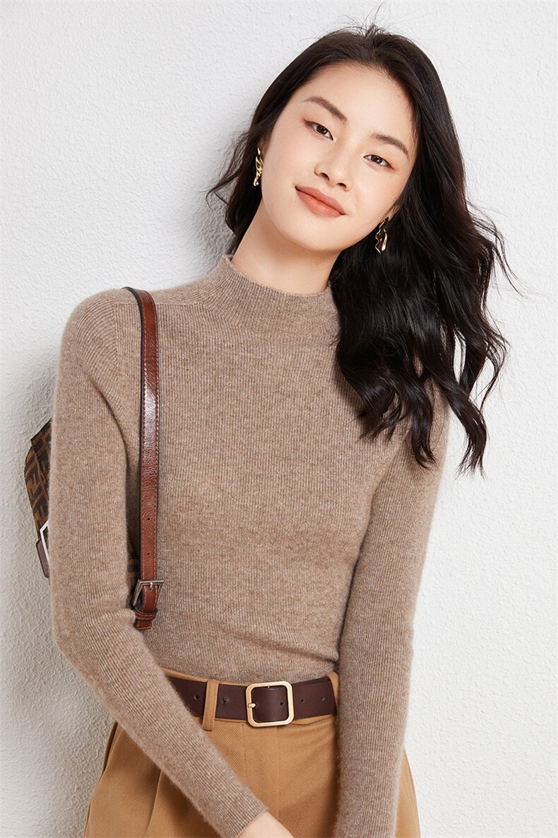时尚半高领羊绒衫优雅修身显瘦舒适保暖绿色长袖针织衫,女装羊绒衫,兰皓羊绒