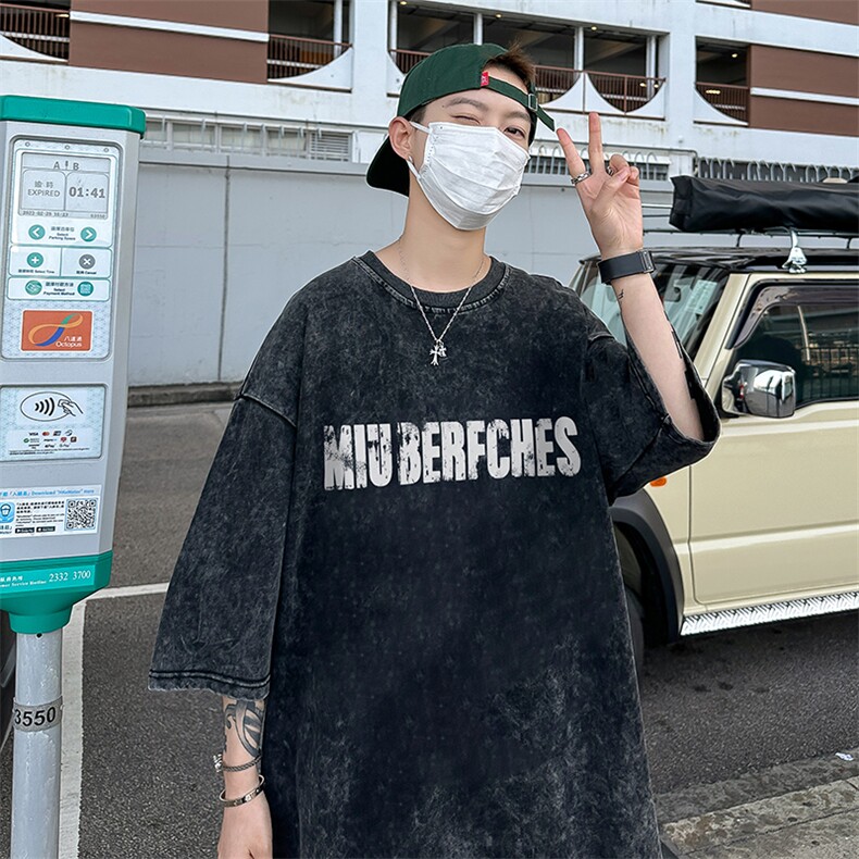B239-1181-P38抽象个性印花美式复古水洗做旧落肩袖短袖T恤,男装T恤,星座514-2(原B239)