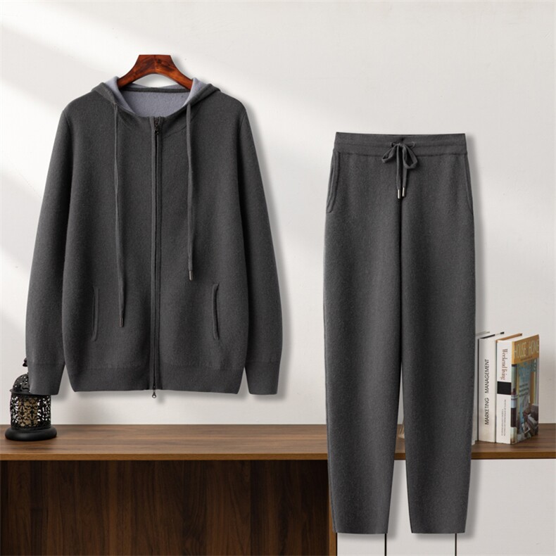 新款百搭连帽七针双股双色蜂窝圆领，男装休闲套装，台绒羊绒