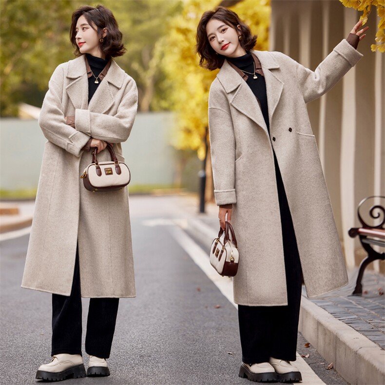 双面羊毛大衣女2025年秋冬新款气质百搭中长款显瘦100%羊毛外套，女装双面呢大衣，小荷流