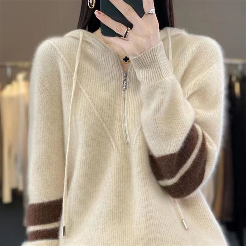 连帽衫女元宝针半拉链拼色卫衣宽松休闲羊毛针织打底衫,针织衫/毛衣,萱芳婷羊绒