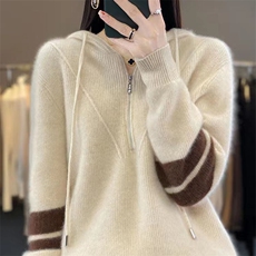 连帽衫女元宝针半拉链拼色卫衣宽松休闲羊毛针织打底衫，女装针织衫/毛衣，萱芳婷羊绒