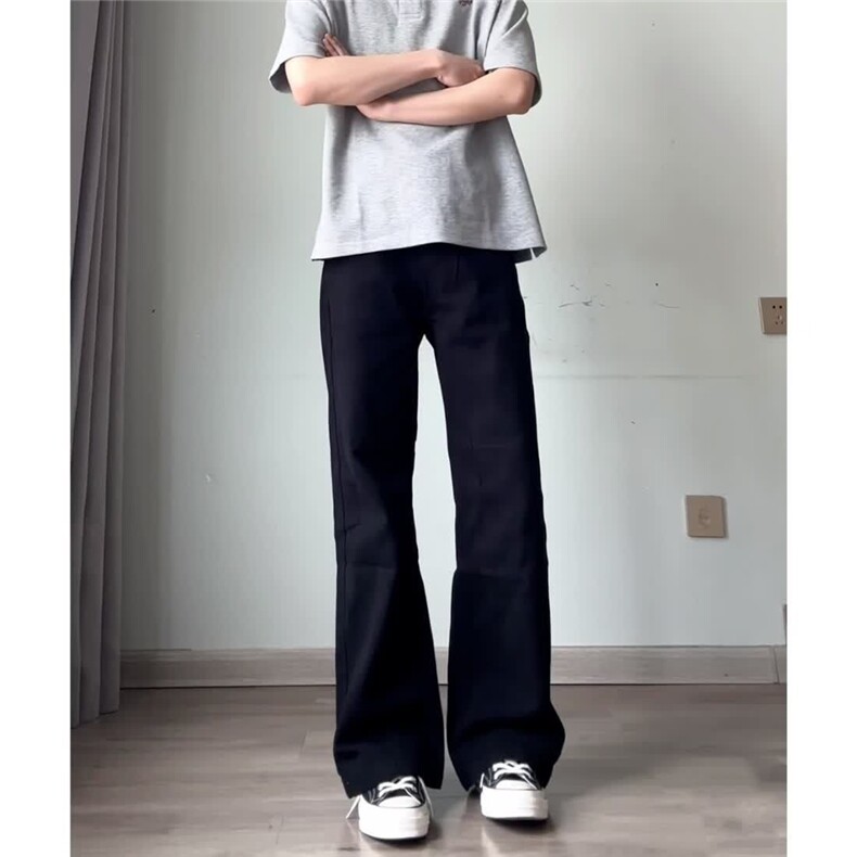高街美式休闲百搭微喇牛仔裤男夏季新款显瘦弯刀裤黑色长裤 N1017图片