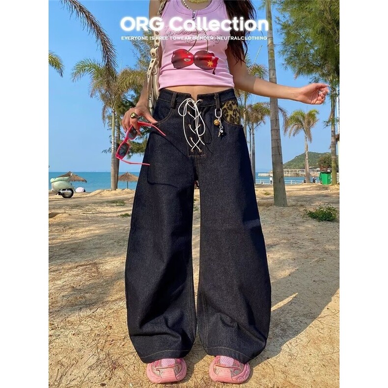 N7051-P47美式复古辣妹小众设计款豹纹拼接牛仔弯刀裤，男装休闲裤，电商B323A