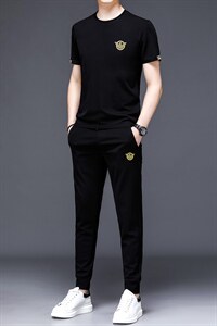 2023新款休闲套装男夏季薄款宽松圆领冰丝短袖T恤男士两件套图片