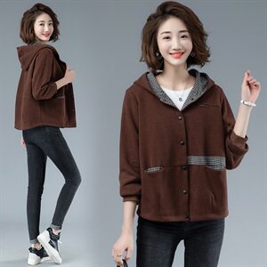 时尚百搭千鸟格拼接连帽外套 显瘦保暖冬装女装短款上衣,女装短外套,余墨