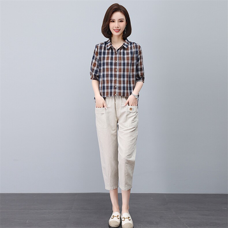2023年夏装新款潮格子宽松显瘦韩版气质女减龄两件套,女装套装/套裙,独衣靓