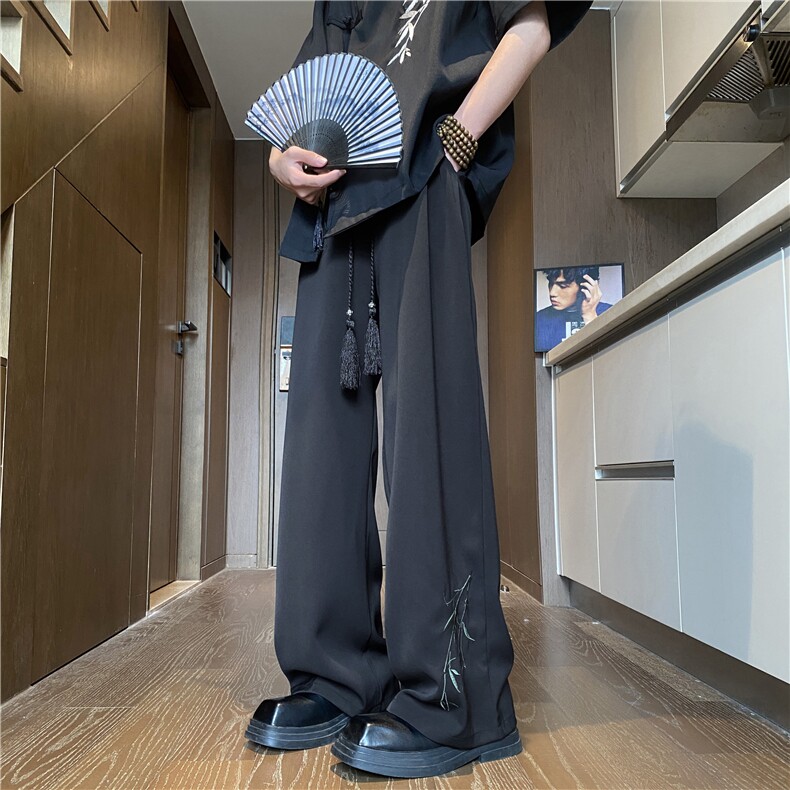 抖音品质新中式竹叶刺绣宽松百搭休闲裤B315-K24132-p45控58,男装休闲裤,电商B315