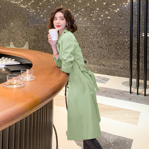 绿色风衣女中长款小个子过膝2025年新款chic气质高端大牌春秋外套,女装风衣,沫晗依美