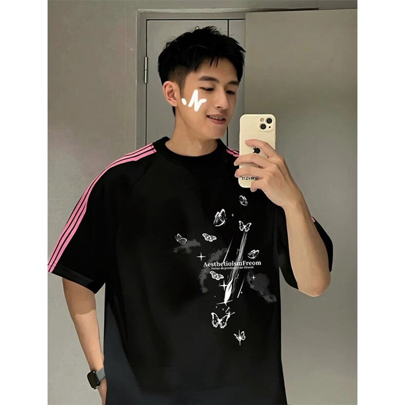 抖音得物品质二开240克宽松纯棉美式潮牌印花三条杠中性风短袖T恤,男装T恤,电商A486
