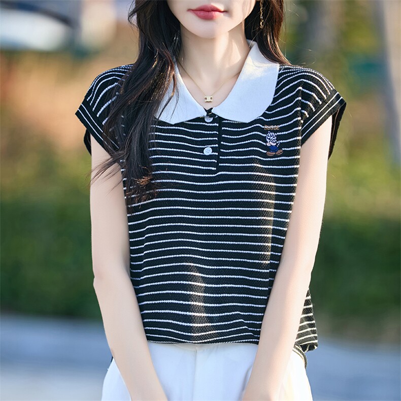 夏季新款精纺羊毛针织短袖女POLO领T恤宽松显瘦条纹撞色打底衫女,女装T恤,端硕羊绒