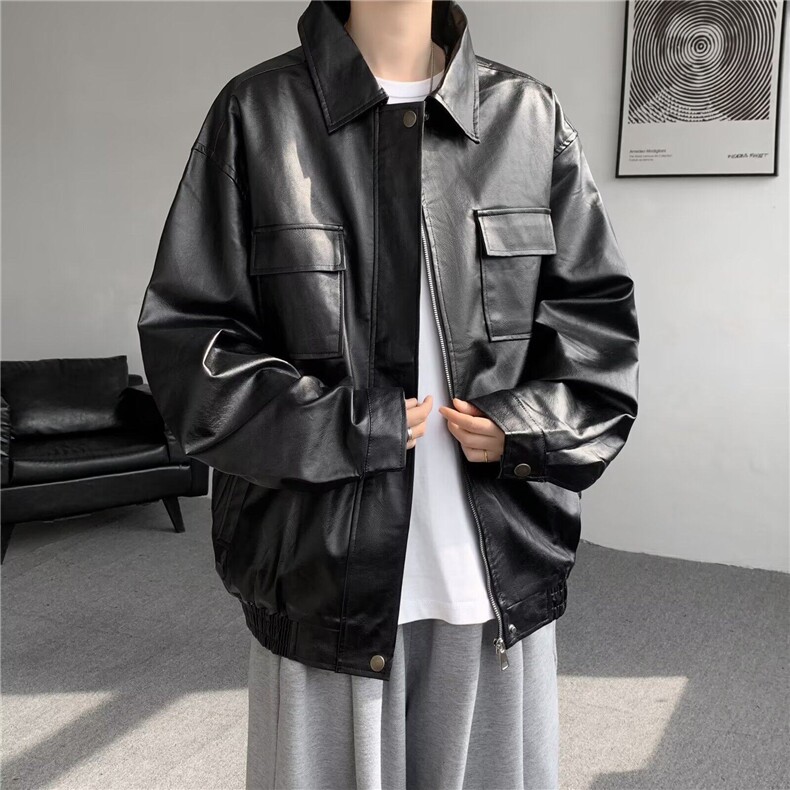 美式复古棕色PU皮飞行员外套男女宽松休闲机车皮衣夹克W6450-P67，男装皮衣，星座412-3