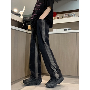 现货秋冬黑色渐变直筒宽松设计感拼接绑带XX修身牛仔裤男K918-P50