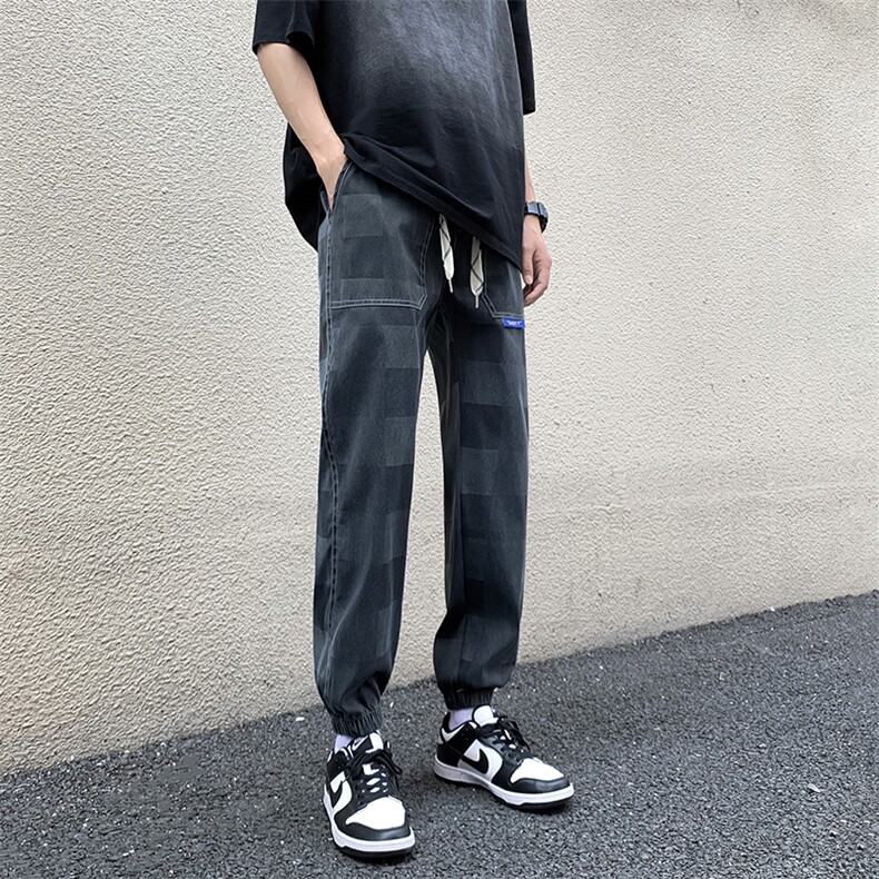 2025夏新款休闲格子裤仿牛仔百搭束脚宽松松紧裤KJ03P55,男装休闲裤,电商D325