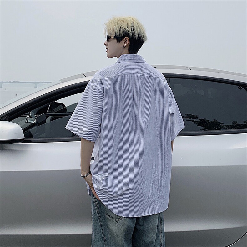 B221美式ins港风宽松薄款条纹短袖衬衫SY2556-特P35控59,男装衬衫,电商B221