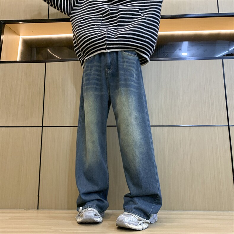 dirtyfit裤子水洗蓝阔腿直筒牛仔裤垂感高级感XZ310A-4-NZ10,男装牛仔裤,星座310A-4