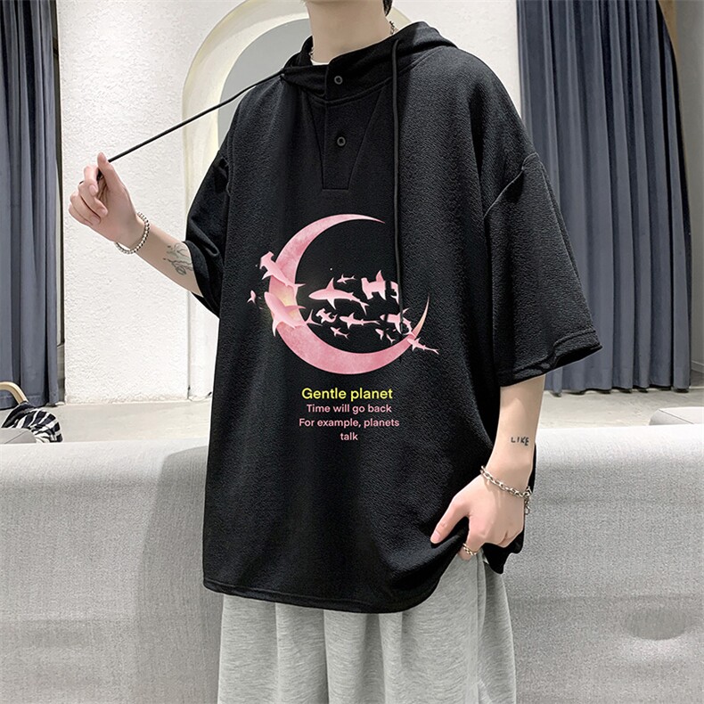 LD54209-P45连帽短袖t恤男大码胖子带帽五分袖中袖大皂风,男装T恤,电商A040