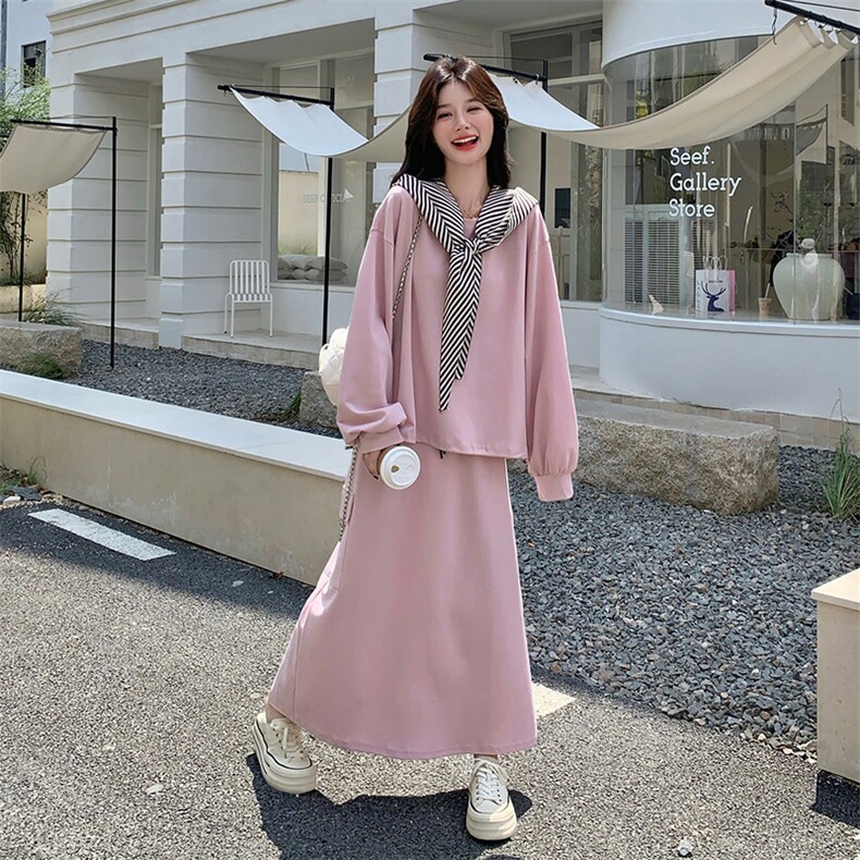 休闲减龄穿搭粉色卫衣套装女春秋2025超火好看高级感半身裙两件套,女装套装/套裙,2C007