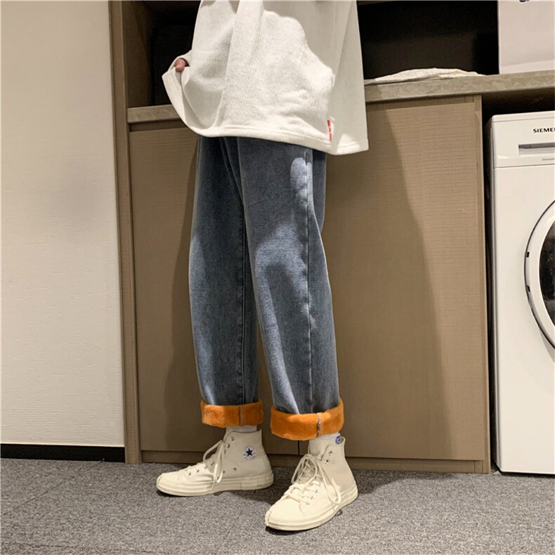 秋冬季加绒加厚牛仔裤男直筒宽松老爹裤子韩版港风长裤MR8246-P50图片