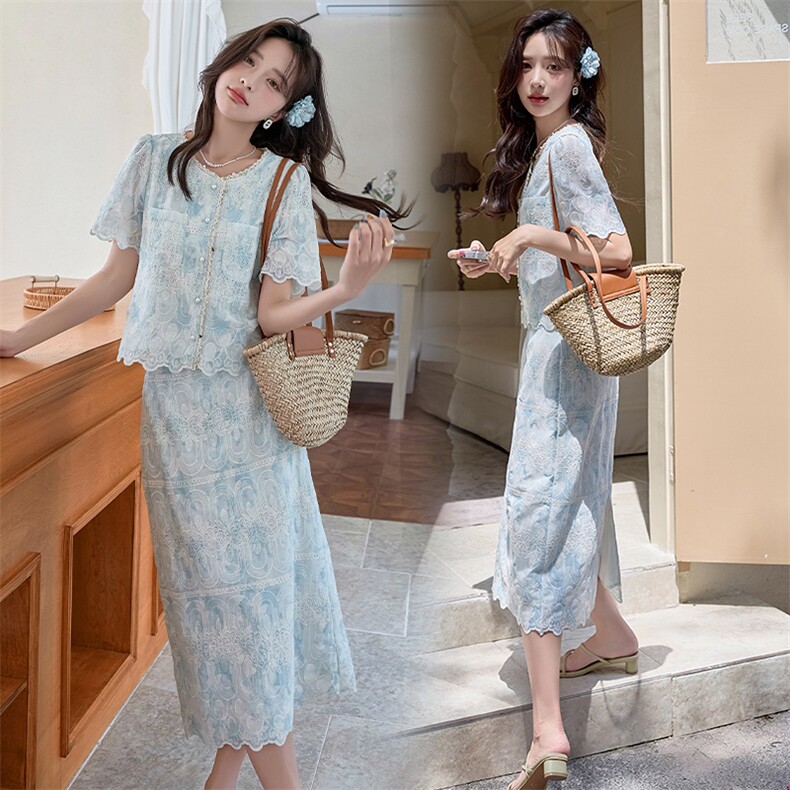 夏蕾丝刺绣短袖上衣半身裙套装女法式流行修身A字裙两件套，女装套装/套裙，难舍钰依